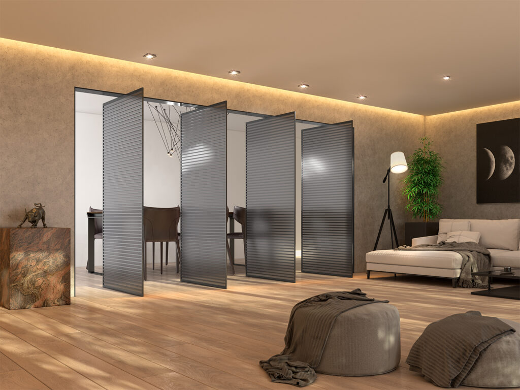 divisão de ambientes com porta de alumínio modelo Space Spin com vidro acetado fumê